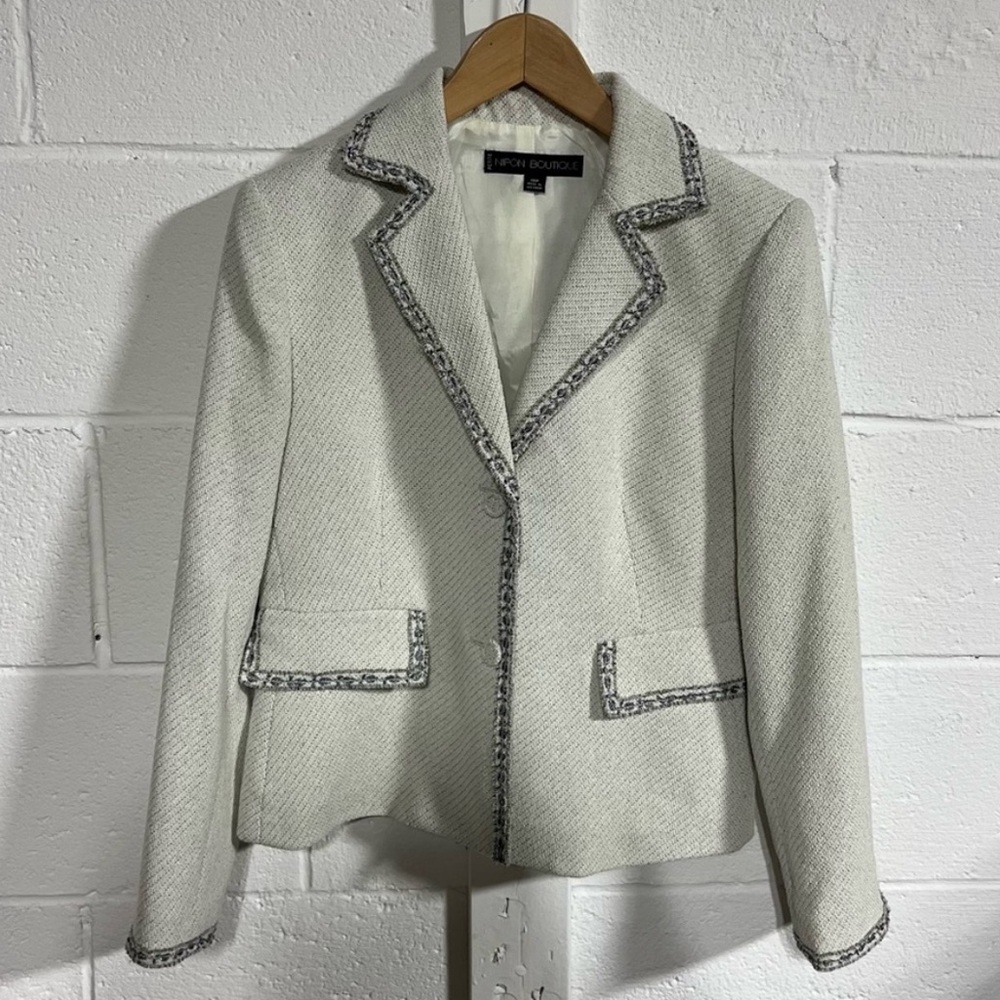 Nipon Boutique Ivory|Silver Sparkle Contrast-Trim Jacket Sz 10P